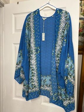 Max Studio Bright Blue Floral-Trim Open Blouse